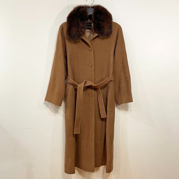 EUC Vintage 100% Wool Genuine Fur Collar Belted Coat Brown XS-S fit - Picture 1 of 6